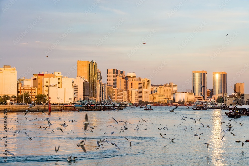 View of Dubai creek with lots of seagulls and abra boats at sunset, United Arab Emirates, UAE - obrazy, fototapety, plakaty 