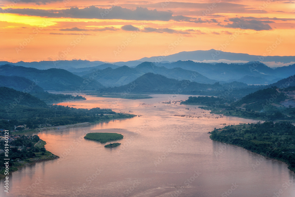 Sunset behind hill and Mekong river view at Nong Khai - obrazy, fototapety, plakaty 