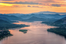 Sunset Behind Hill And Mekong River View At Nong Khai