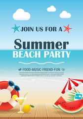 Wall Mural - Beach party invitation poster with vacation element wooden and blue water. Vector summer background.