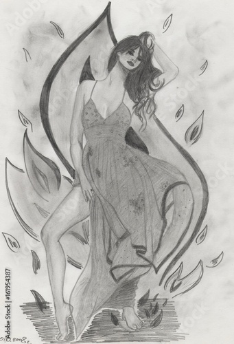Naklejka ścienna Красивая молодая женщина танцует, нарисовано карандашом