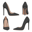 Female black classic shoes with heels. Set of vector color illustrations on a white background.