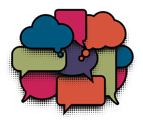 Poster - Comic bubble pop art colorful cloud. Comics speech balloons icons collection on white background, dialogue boxes signs set,dialog frames vector illustration.