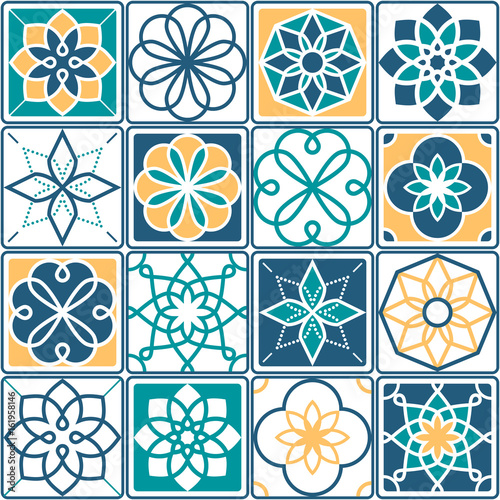 Naklejka na drzwi Portuguese tiles pattern - Azulejo, seamless geometric design collection in yellow and turquoise