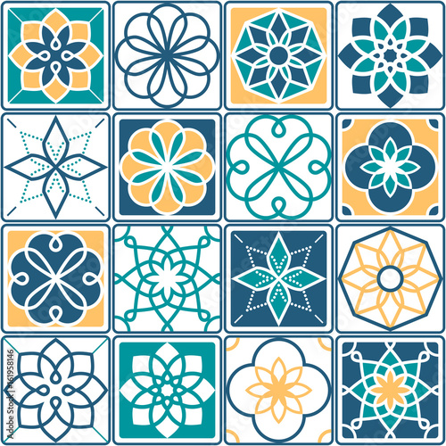 Naklejka - mata magnetyczna na lodówkę Portuguese tiles pattern - Azulejo, seamless geometric design collection in yellow and turquoise