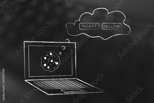 Fotografía cookie policy laptop with accept or decline in a thought bubble