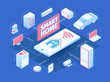 Smart home concept with isometric icons and symbols. Internet of things layout. IOT online synchronization and connection via smartphone wireless technology. Vector illustration.