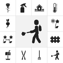 Set Of 12 Editable Gardening Icons. Includes Symbols Such As Temperature, Home With Fence, Hay Fork And More. Can Be Used For Web, Mobile, UI And Infographic Design.
