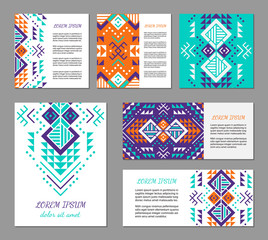 Wall Mural - Aztec style colorful flyer set. American indian ornamental pattern design. Ornamental collection with ethnic motifs. Tribal decorative template. EPS 10 vector concept.