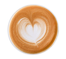 Top View Of Hot Coffee Cappuccino Latte Art Heart Shape Foam Isolated On White Background, Clipping Path Included