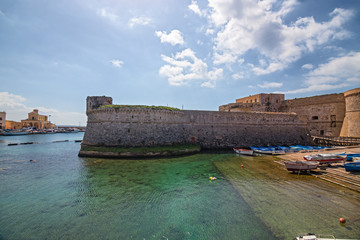 Panorama of the historic center of the ancient city of Gallipoli to the south of Puglia. The castle