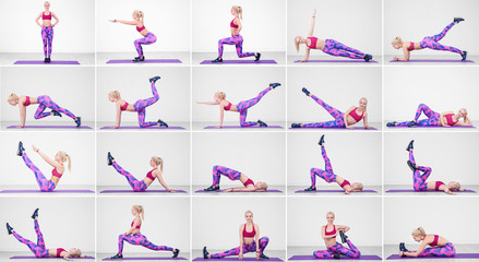 Wall Mural - Collage of young woman doing different exercises on light wall background. Legs workout tutorial