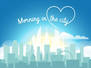 Poster - Modern cityscape in the morning vector illustartion. Office builngs houses and scyscrapers