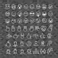 Poster - Different thin line Emoticons vector collection. Different Emoji set on brick pattern