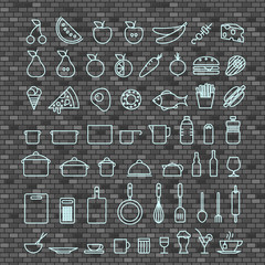 Poster - Different thin line cook and food vector collection. Different silhouettes set on brick pattern