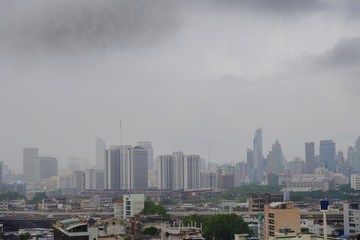 City / View of city in the rain.