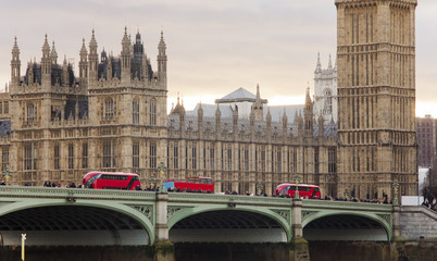 Wall Mural - London city with bridge and traffic, Westminster Abbey in background