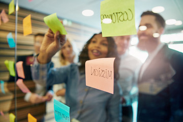 Wall Mural - Cheerful entrepreneurs planning a project in office