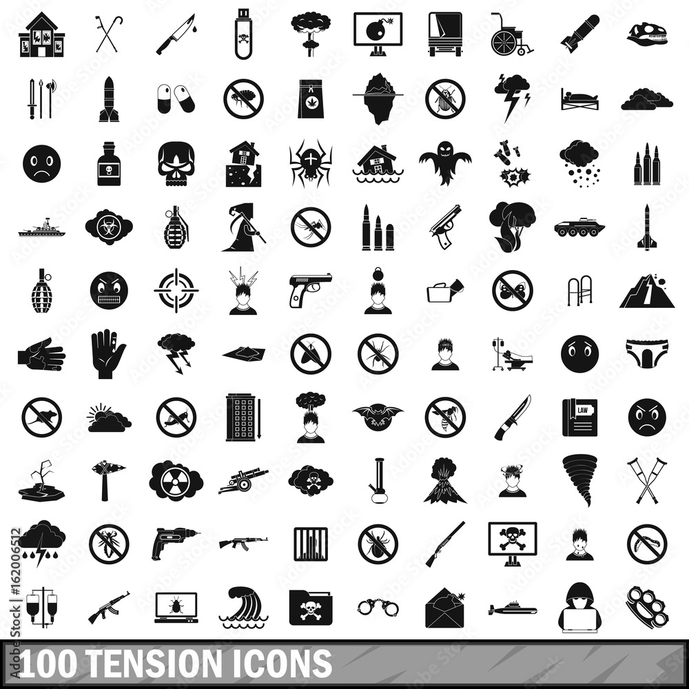 100 tension icons set, simple style  - obrazy, fototapety, plakaty 
