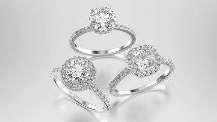 3D illustration three different white gold or silver diamonds rings with reflection