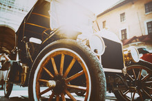 Front View Of Antique Classic Vintage Car. Retro Toned Postcard, Poster.