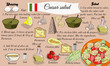 Step by step recipe of Caesar salad with hand drawn ingredients. Italian cuisine.