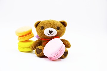 Wall Mural - Bear is eating Macaron, is a sweet meringue-based confection made with egg white, icing sugar, granulated sugar, almond powder or ground almond, and food coloring. 