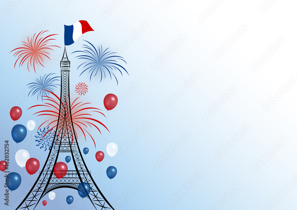 Vector 14 july bastille day design of eiffel with firework and balloon - obrazy, fototapety, plakaty 