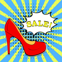 Sale Shoes Banner In Comic Book Pop Art Style With Red High Heel Pump On Yellow And Blue Sunburst Background With Halftone Texture