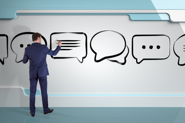 Wall Mural - businessman drawing discussion icons sketch on a board 3d rendering