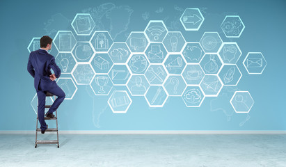 Wall Mural - Businessman watching multimedia interface sketch on a wall 3D rendering