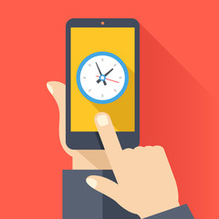 Poster - Clock on smartphone screen. Hand holding smartphone, finger touching screen. Modern flat design concept with long shadow. Vector illustration