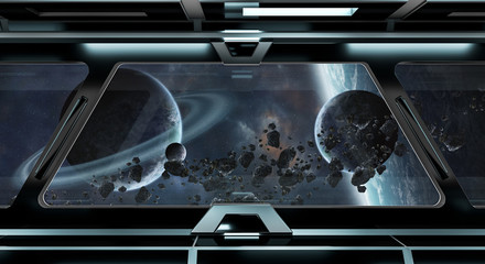 Wall Mural - spaceship corridor with view on distant planets system 3d rendering elements of this image furnished