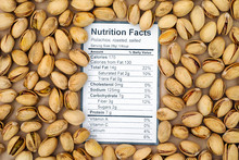 Nutrition Facts Of Roasted, Salted Pistachios With Nuts Background.