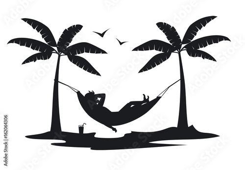 man relaxing in hammock on the beach at sunset silhouette Poster Mural XXL