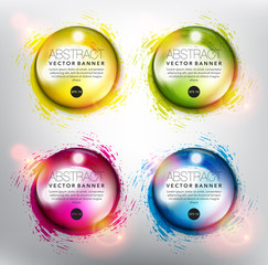 Wall Mural - Abstract vector banner set of 4. Transparent water drops on the hand drawn swirl design. Colorful and isolated on the light panel. Each item contains space for own text. Vector illustration. Eps10.