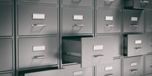 Filing Cabinets And Open Drawers. 3d Illustration