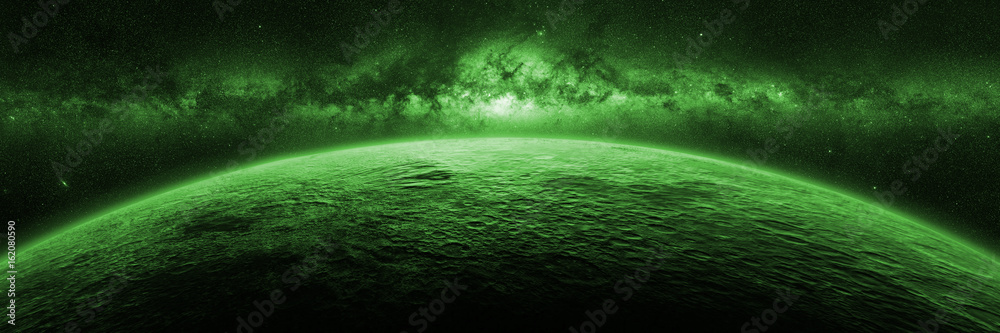 exotic alien planet lit by a green star - obrazy, fototapety, plakaty 