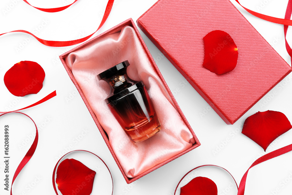 Perfume in present box on white background