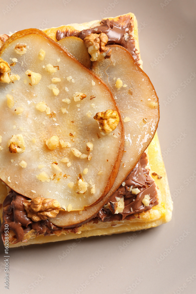 Plate with delicious pastry, closeup