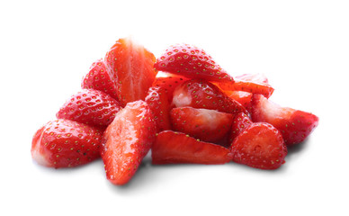 Wall Mural - Pieces of tasty red strawberries on white background, closeup