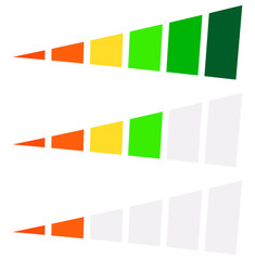 Aufkleber - Progress bar, level indicator in perspective. 6-step progress bar with green, yellow, red colors. Progression, completion, buffer icon at different levels