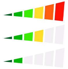 Aufkleber - Progress bar, level indicator in perspective. 6-step progress bar with green, yellow, red colors. Progression, completion, buffer icon at different levels
