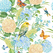 seamless pattern with hydrangeas and bird .watercolor