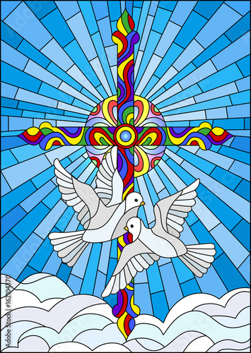 ilustracja-z-krzyzem-i-pary-bialych-golebi-w-stylu-witrazu