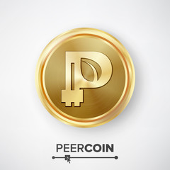 Sticker - Peercoin Gold Coin Vector. Realistic Crypto Currency Money And Finance Sign Illustration. Peercoin Digital Currency Counter Icon. Fintech Blockchain. Famous World Cryptography