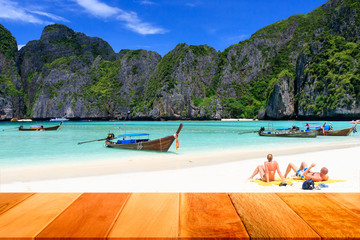 Wood plank on Maya bay, Phi-Phi island, Krabi Thailand.