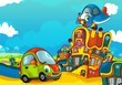© honeyflavour - Cartoon sports car smiling and looking in the parking lot and plane flying over - illustration for children