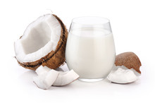 Coconut And A Glass Of Coconut Milk Isolated On White Background.