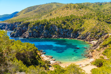 Wall Mural - View of secluded Cala d'en Serra beach and coastal cliff rocks, Ibiza island, Spain